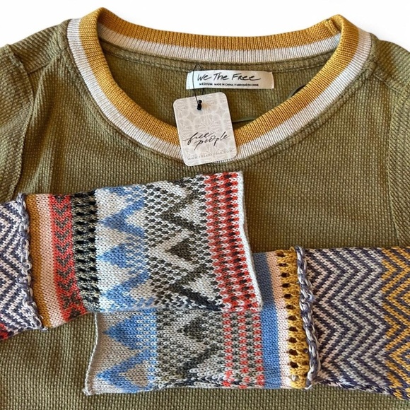 NWT- Free People Alpine Cuff Henley Top |Size M Army Green, & Pattern Details - Picture 5 of 8